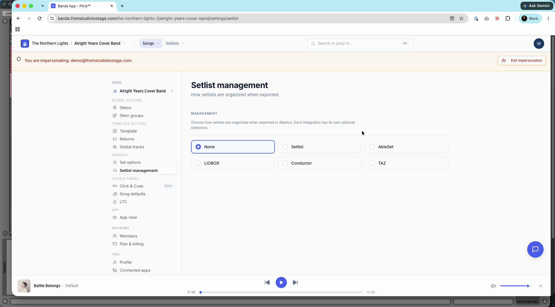Setlist management with the six choices.