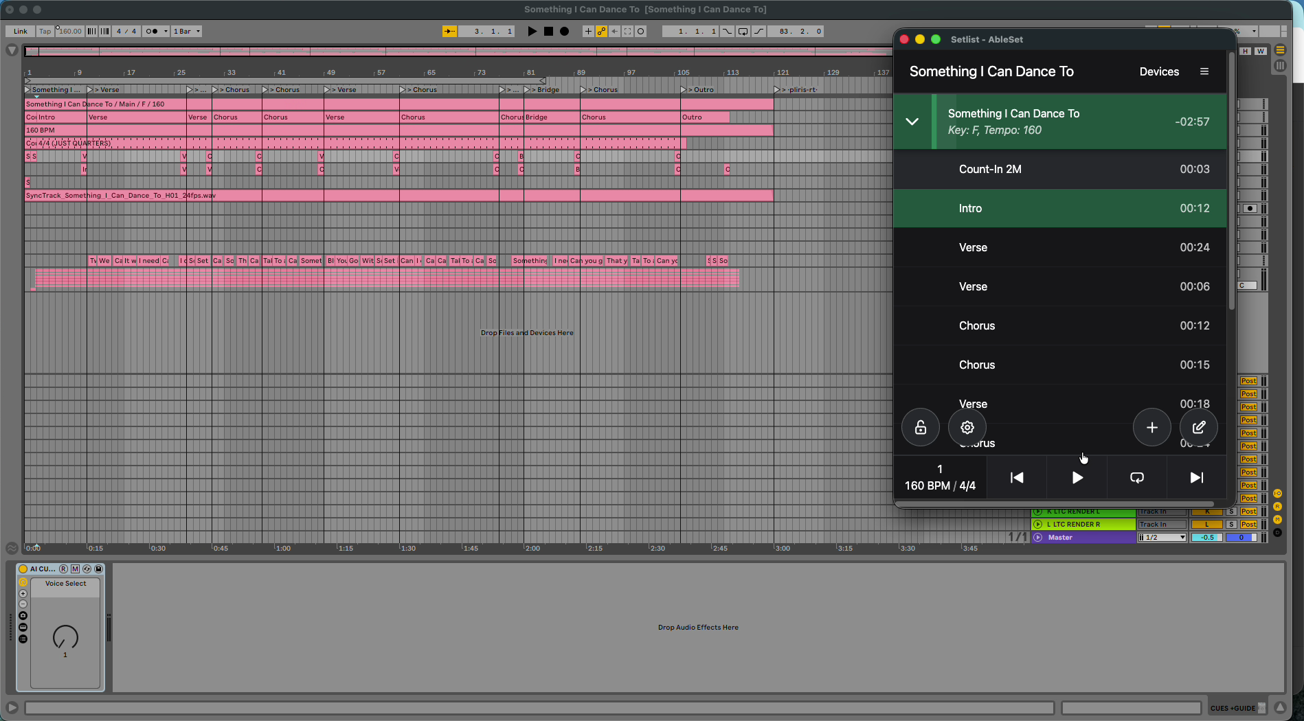 AbleSet showing the song's key, tempo and sections.