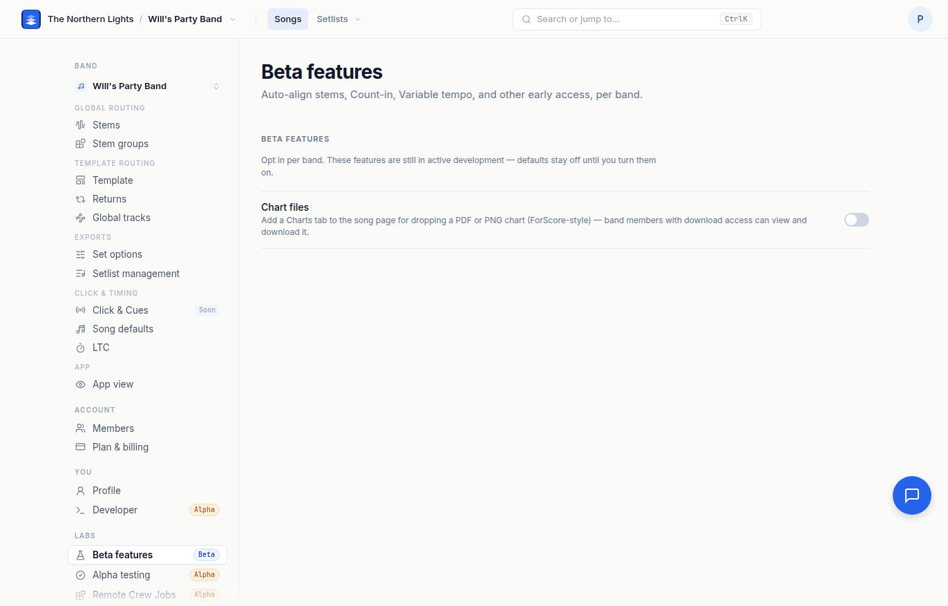 Beta features under Labs, with the Chart files switch.