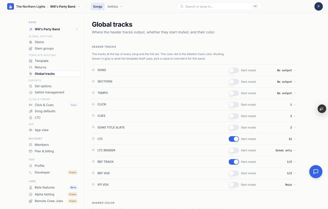 Global tracks with output, start-muted and color for each header track.