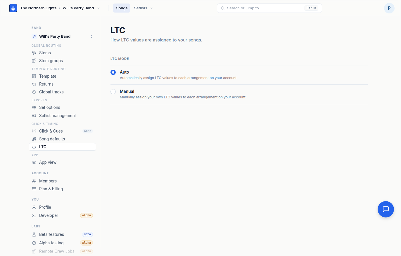 The LTC page with Auto and Manual modes.