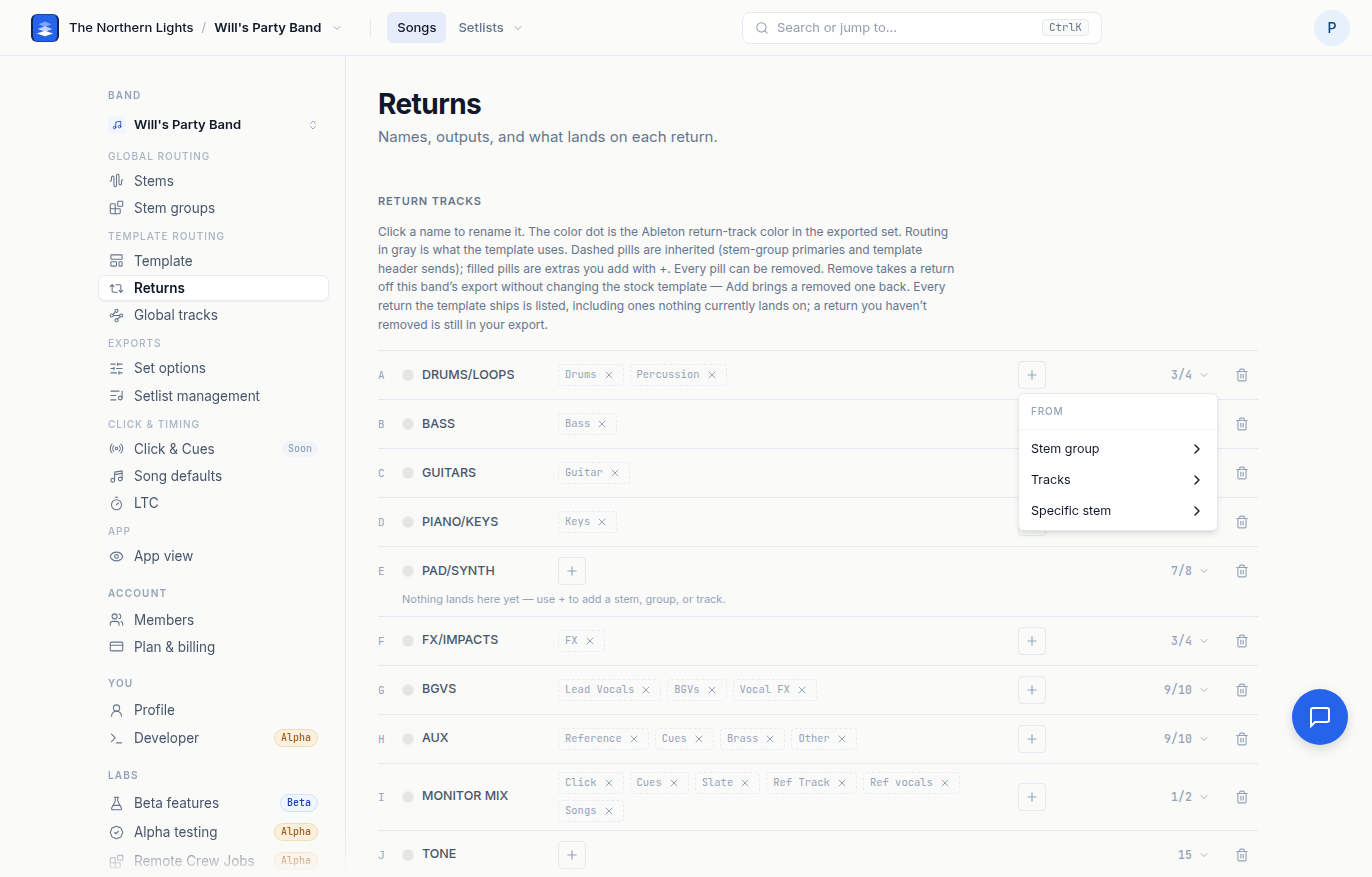 A return's + menu open, offering Stem group, Tracks and Specific stem.