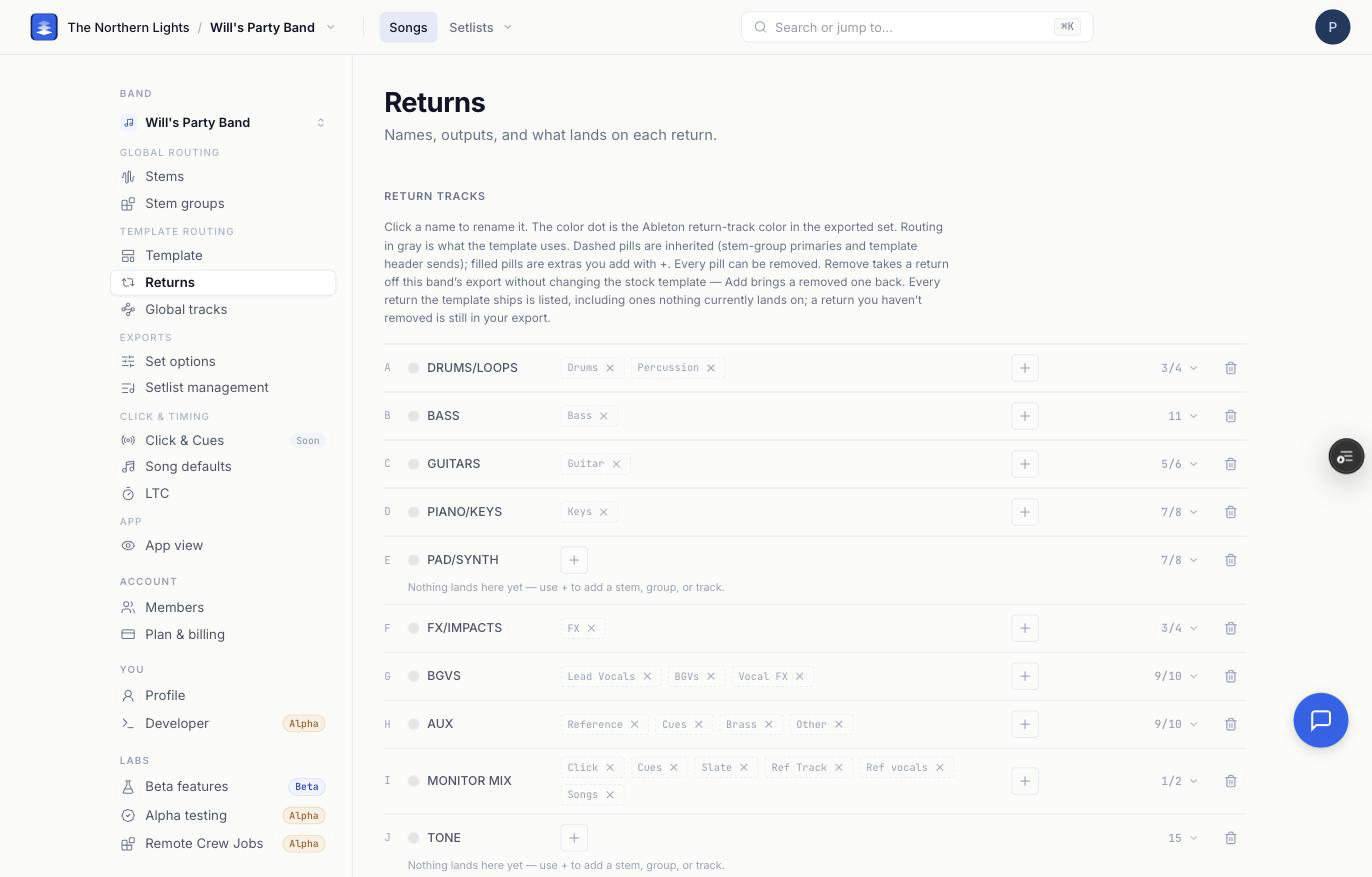 The Returns page: return names, color dots, source pills and output routing.