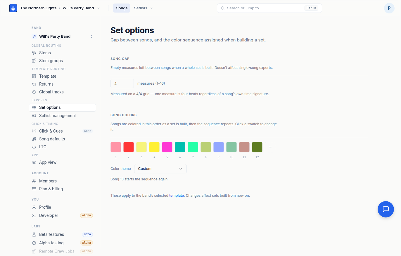 The Set options page: the song gap in measures, and the twelve-color song sequence with its theme picker.