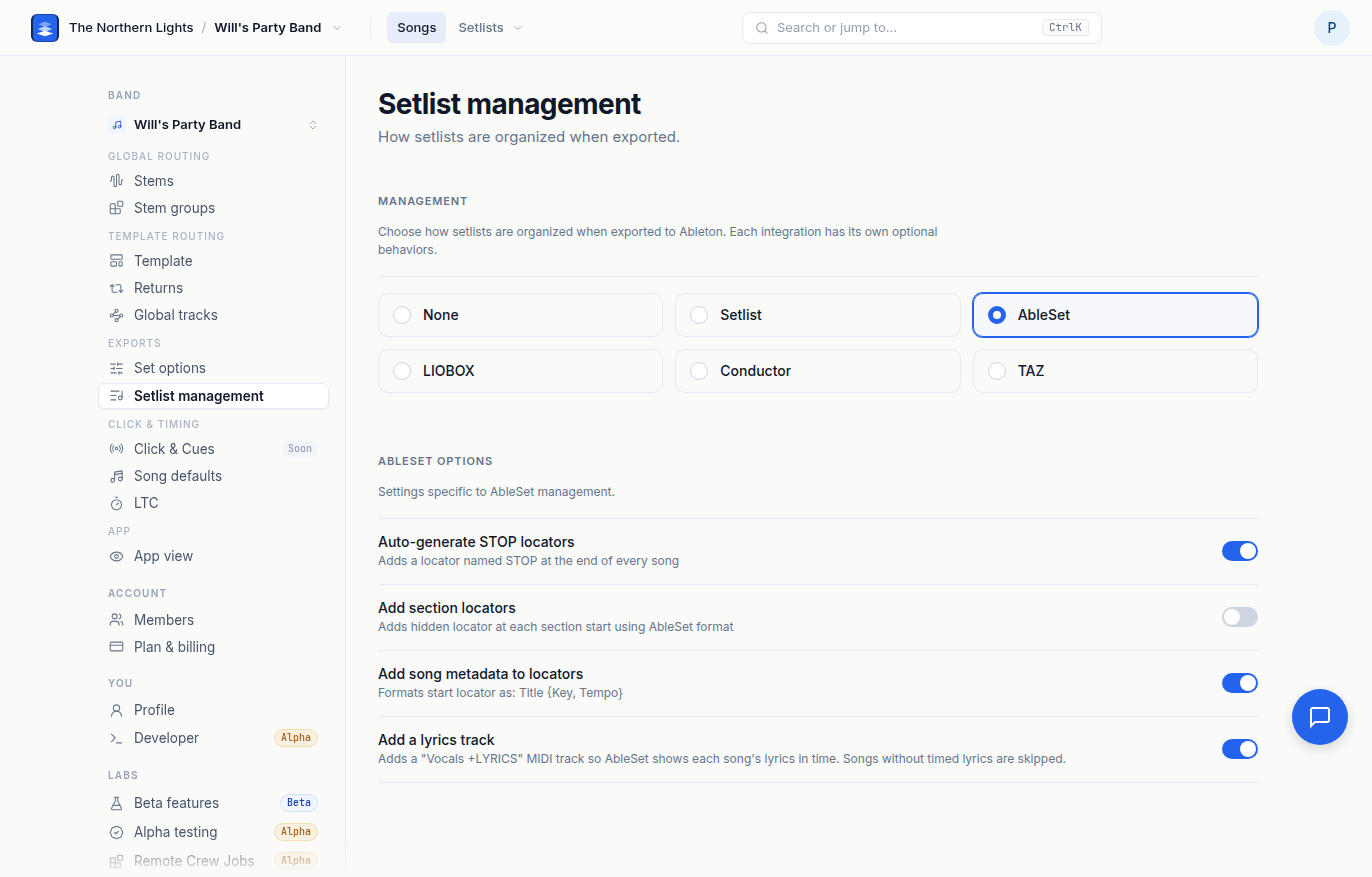 Setlist management with AbleSet selected and its four options underneath.