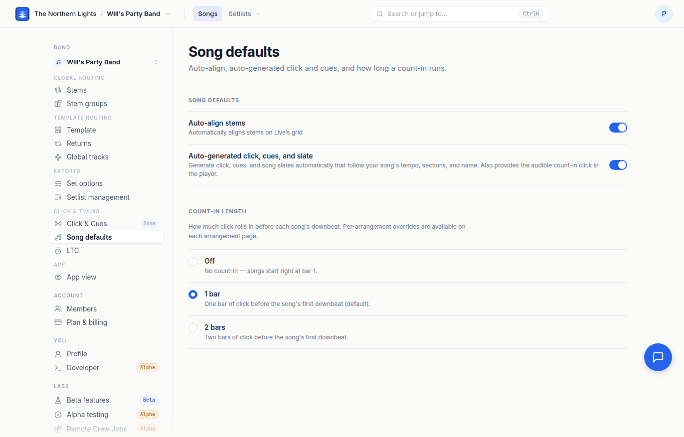 Song defaults: Auto-align stems, Auto-generated click, cues, and slate, and the Count-in length choice.
