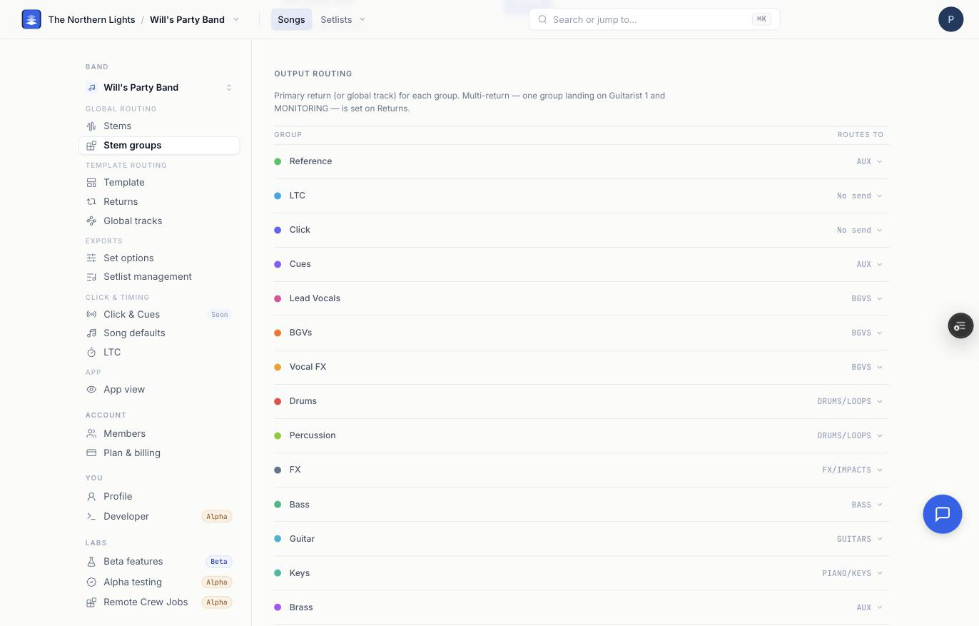 The Stem groups page, where custom groups are created and each group's primary return is set.