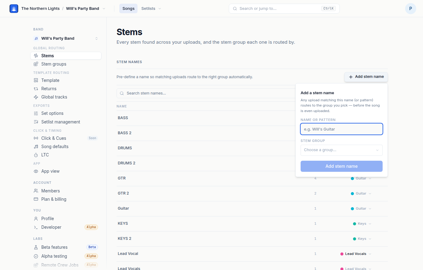 The Add stem name popover open on the Stems page: a Name or pattern field, a Stem group picker, and the Add button.