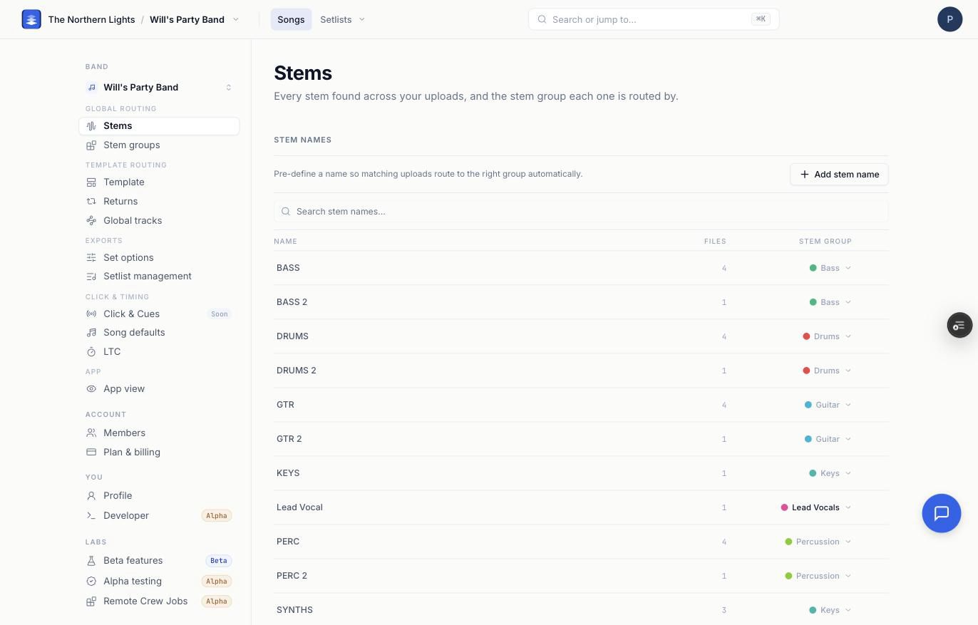 The Stems page listing every stem name, how many files use it, and the stem group that claims it.