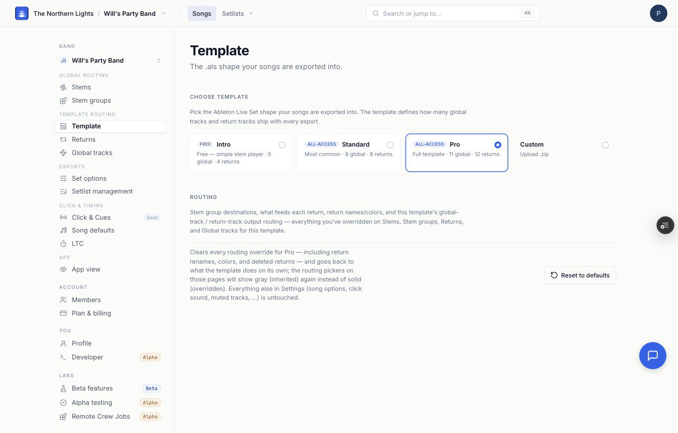 The Template page with Intro, Standard, Pro and Custom, and the Reset to defaults control.