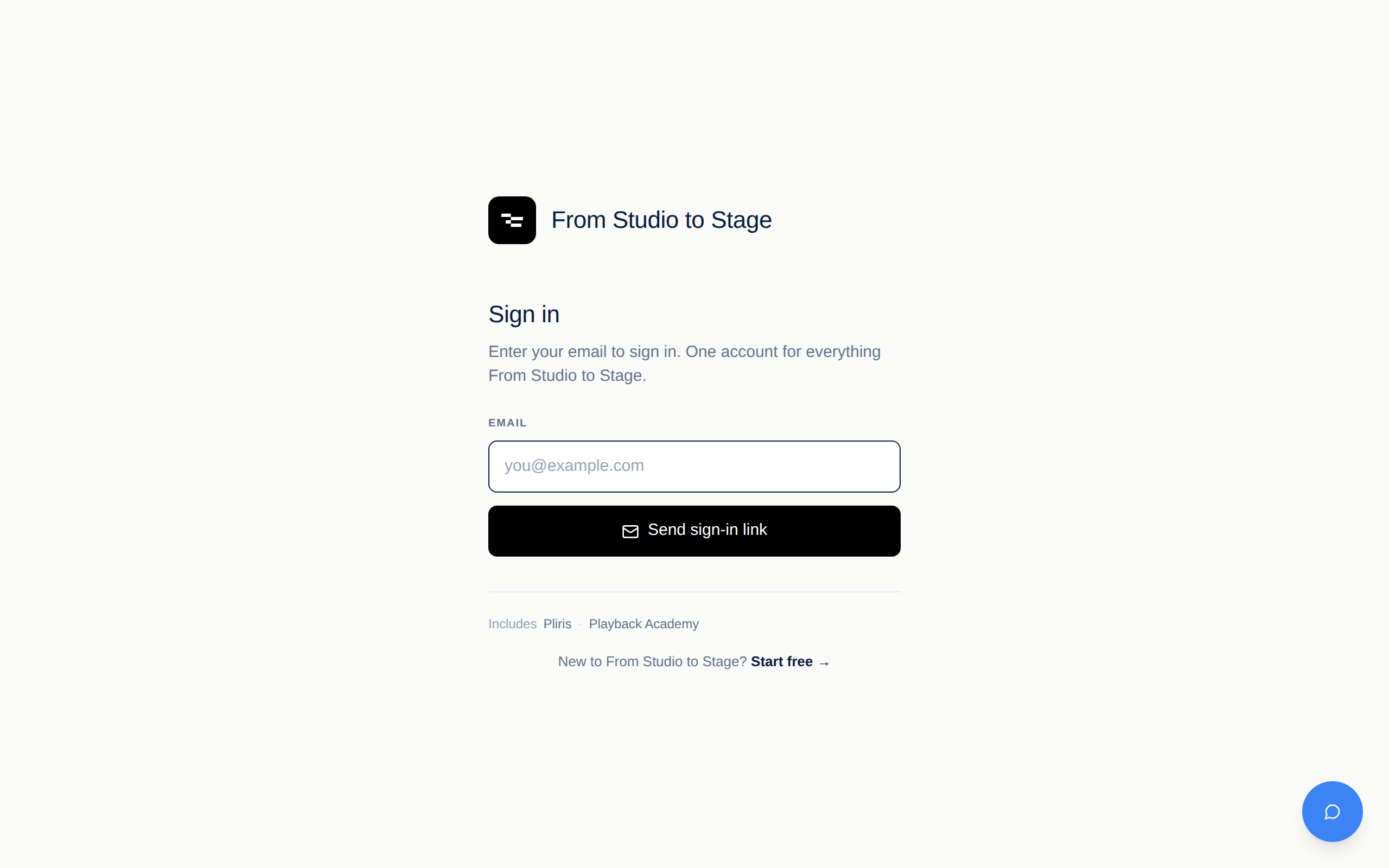 The From Studio to Stage sign-in page: enter your email and click Send sign-in link.