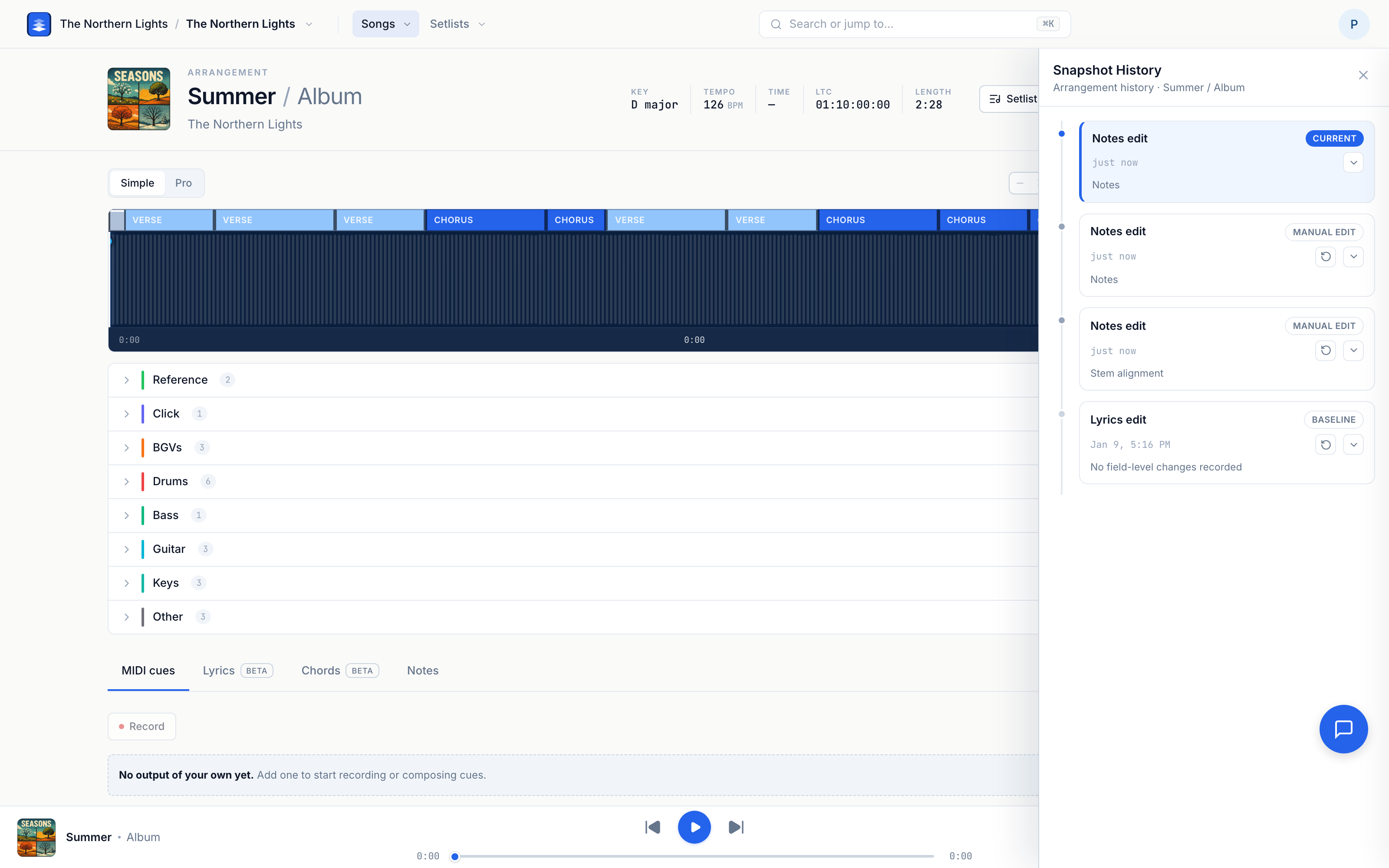 The Snapshot History drawer open on an arrangement, showing the version list.