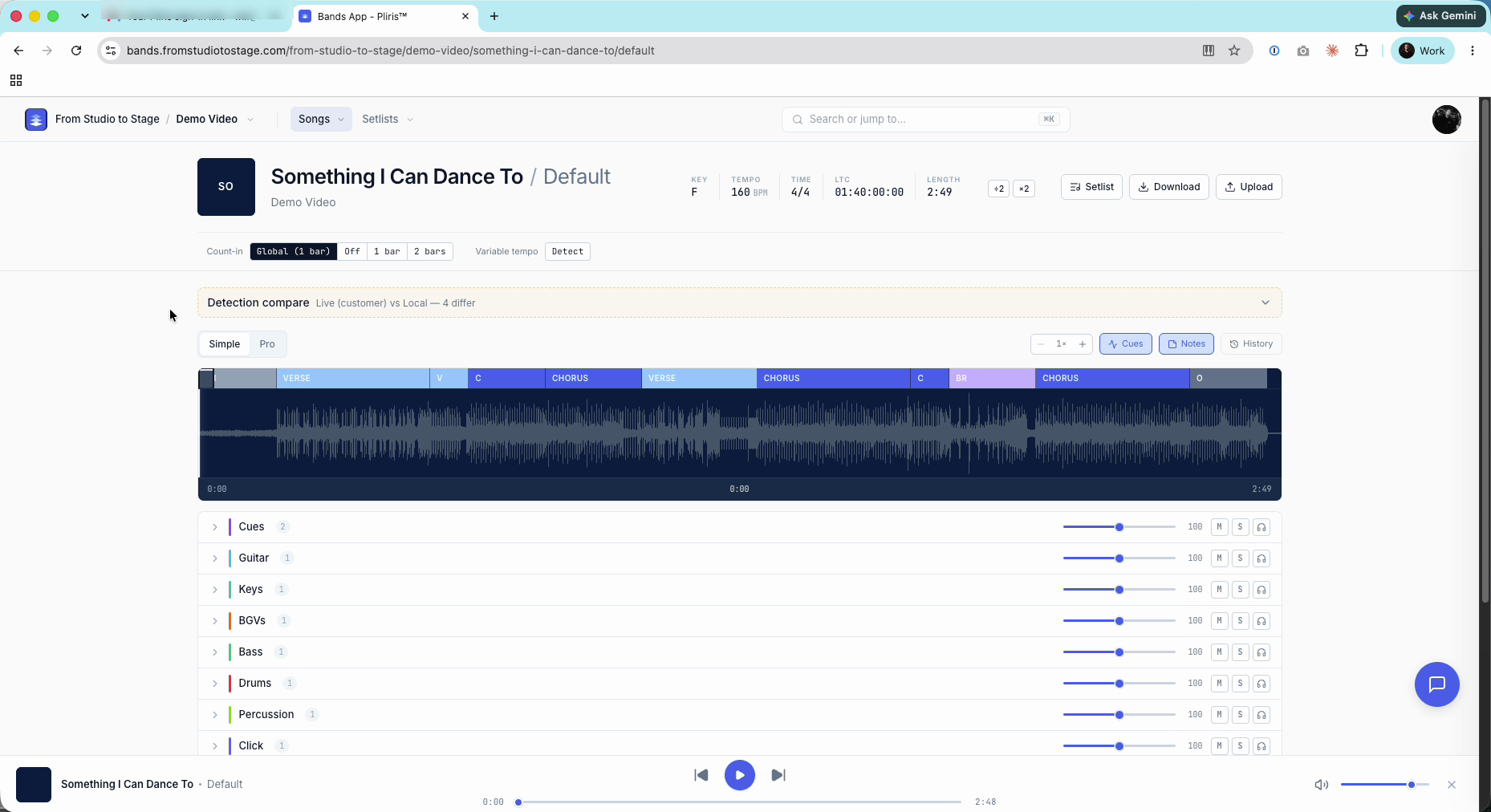Song sections above the waveform on the song page.