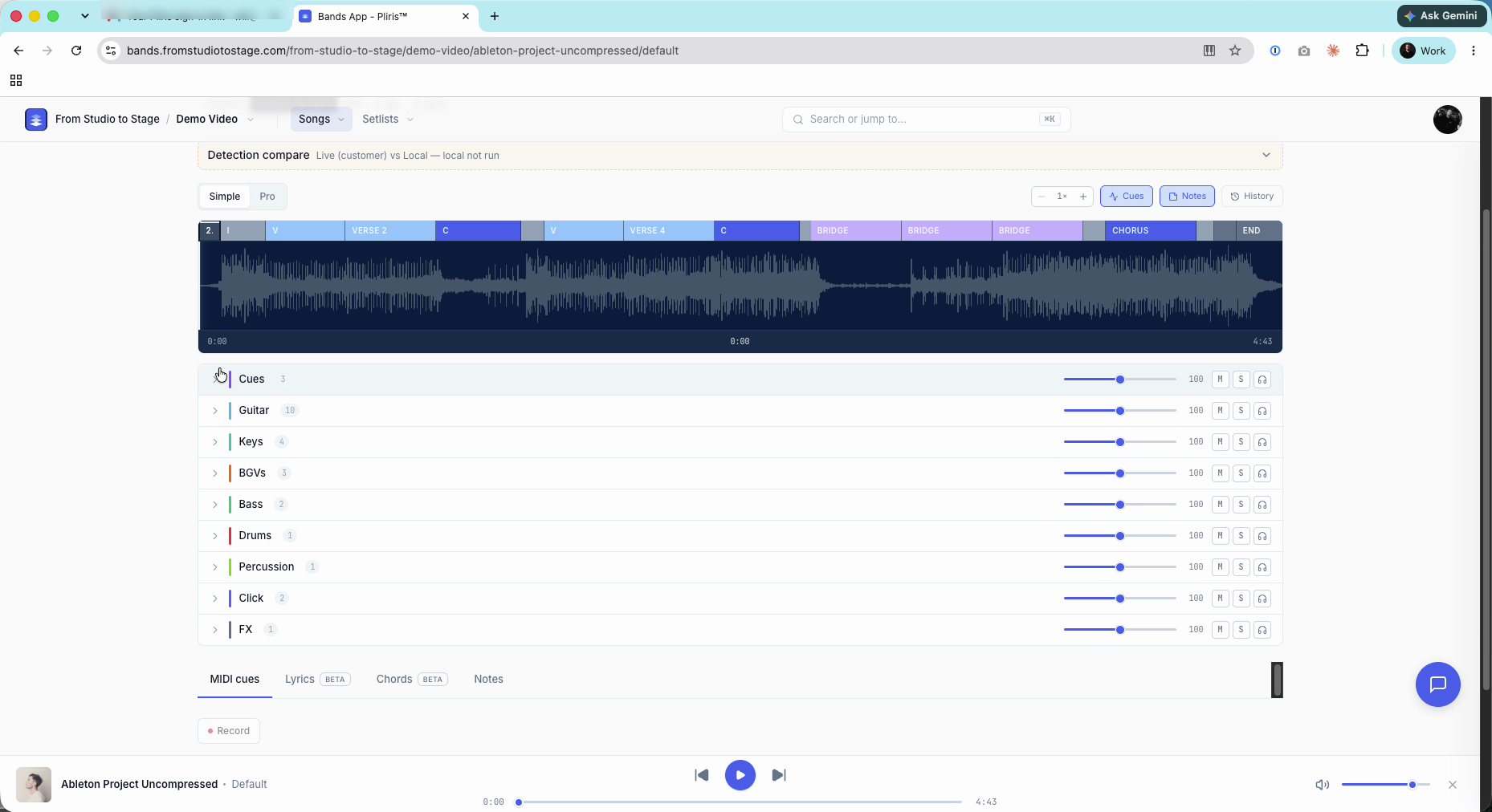 Stem groups collapsed on the song page.