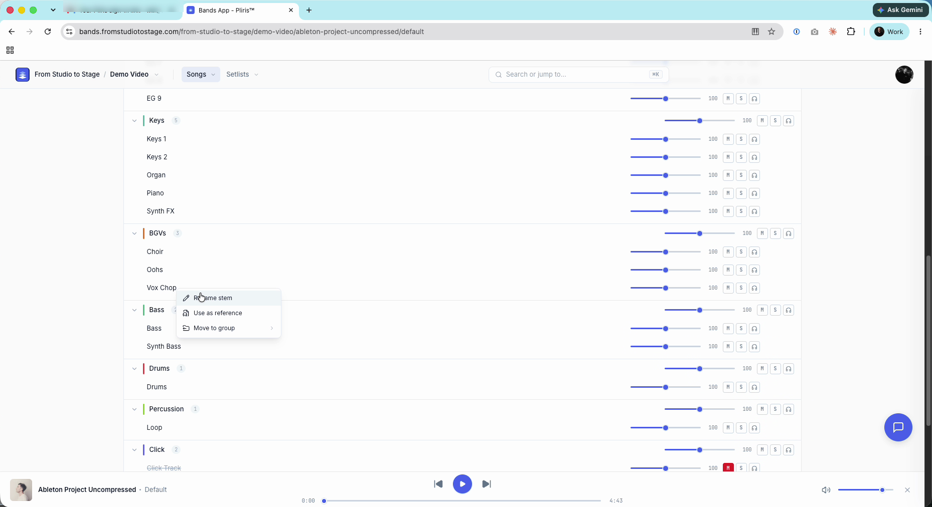 Right-click a stem and choose Rename stem.