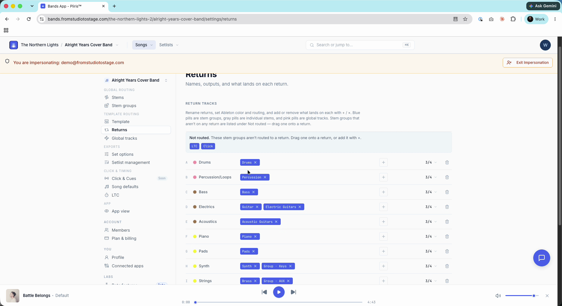 The Returns page, showing which stem groups land on each return.
