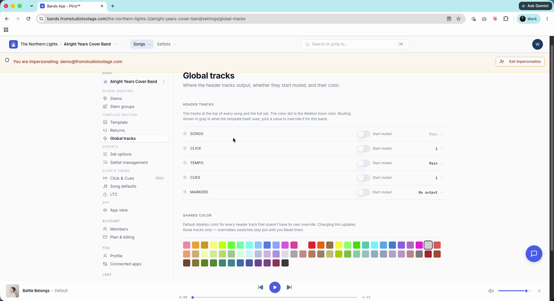 Global tracks on the Standard template: Songs, Click, Tempo, Cues and Markers.