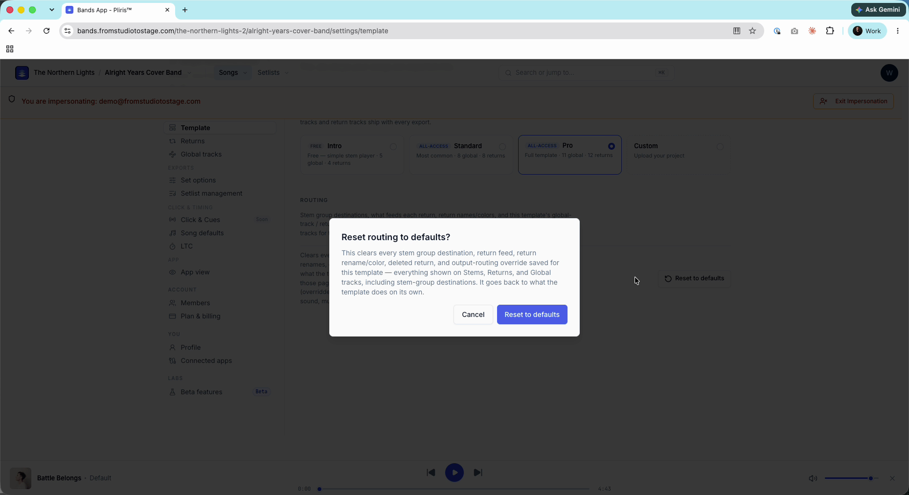 The Reset routing to defaults? confirmation.