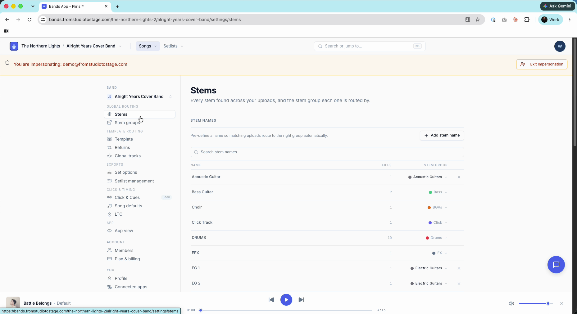 The Stems page, where stem-to-group assignments live.