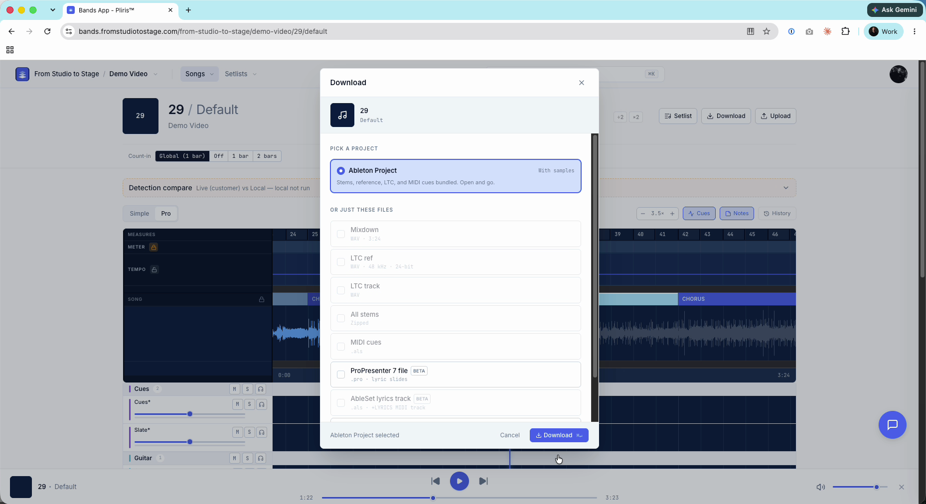 The Download dialog with Ableton Project selected.
